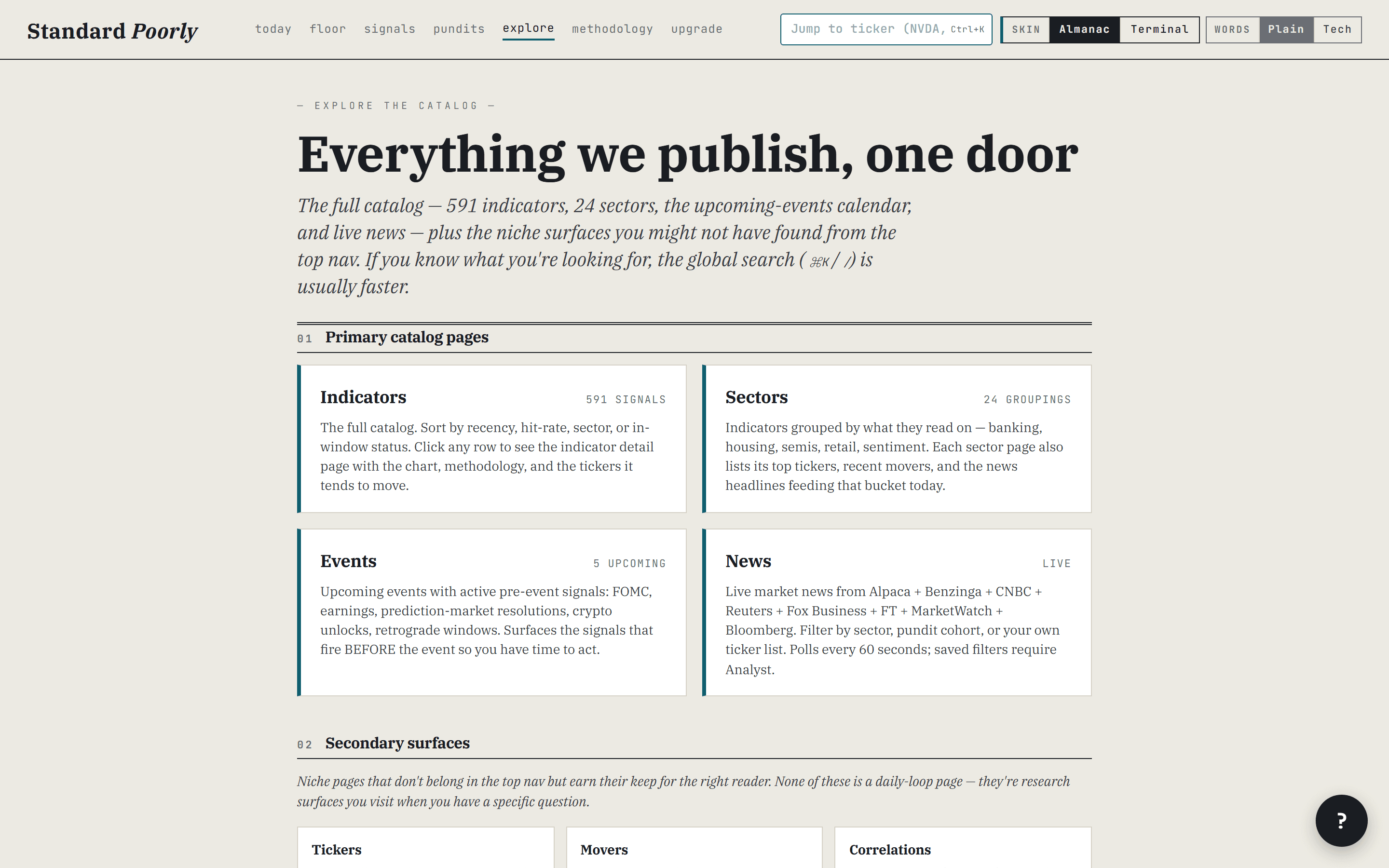 Screenshot of the Explore page: hub of catalog destinations with primary and secondary cards.